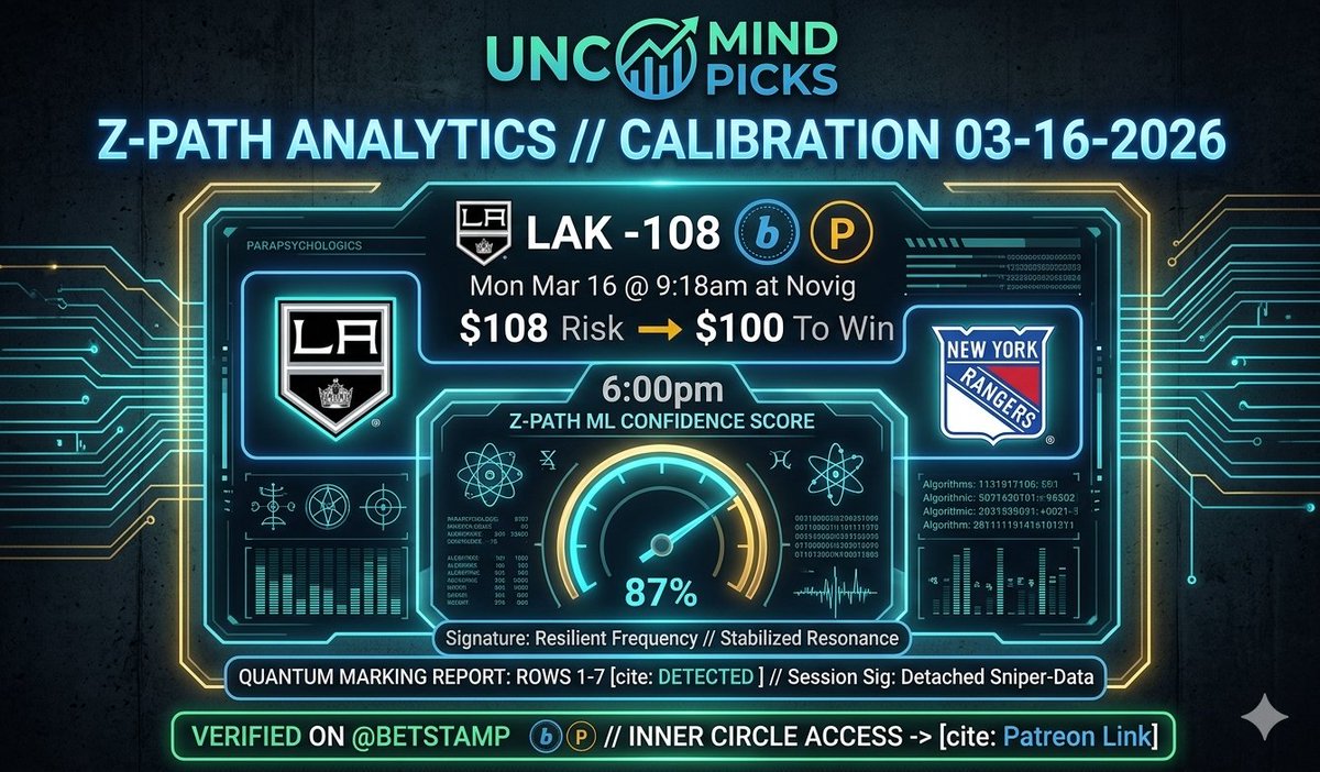 UNCMindPicks's tweet photo. EXEC NHL SIGNAL: 87% CONFIDENCE 🔒🏒
​The Z-Path protocol has calibrated a massive, high-leveraged signature for tonight's standalone hockey clash. We are following a 5-1 record with this clinical manifest.
​🎯 Moneyline Target:
📊 Confidence Score: 87%
🔬 Signature: Stabilized Frequencies / Metallic Resurgence
​The raw 7-row marking breakdown and full Quantum analysis are now live in the Inner Circle. We don’t guess; we identify.
​🔗 Lock in for Monday: https://t.co/tRbyENISJm
​#UNCMindPicks #ZPath #SportsBetting #Precision #NHLPicks #Betstamp