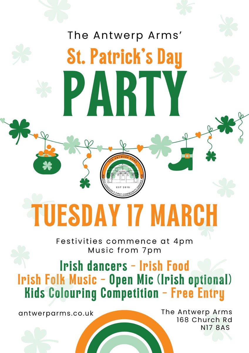 AntwerpArmsAsoc's tweet image. What's on at The Antwerp this week?

Tues
St Patricks Celebrations from 4.00 pm including Irish Music &amp;amp; Open Mic

Weds
No Irish Music (Football)

Thurs
Pub Quiz - 7:30pm for 8pm start

Fri
DJ Playboy 8.30 pm

Sat
Somebody Else's Trouble 8.30pm

#northlondonpub #livemusic #craft