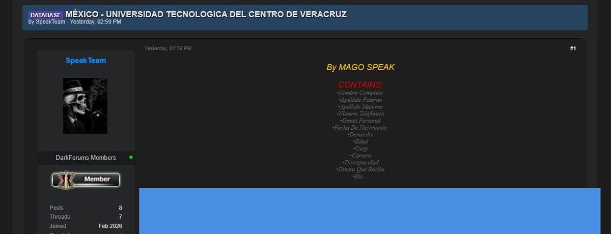 victor_ruiz's tweet photo. ⚠️🇲🇽Alerta: Se reporta una filtración de información personal perteneciente a la comunidad estudiantil de la Universidad Tecnológica del Centro de Veracruz (#UTCV).
De acuerdo con los reportes, los datos expuestos incluyen información personal como: https://t.co/IIhPSImqdv