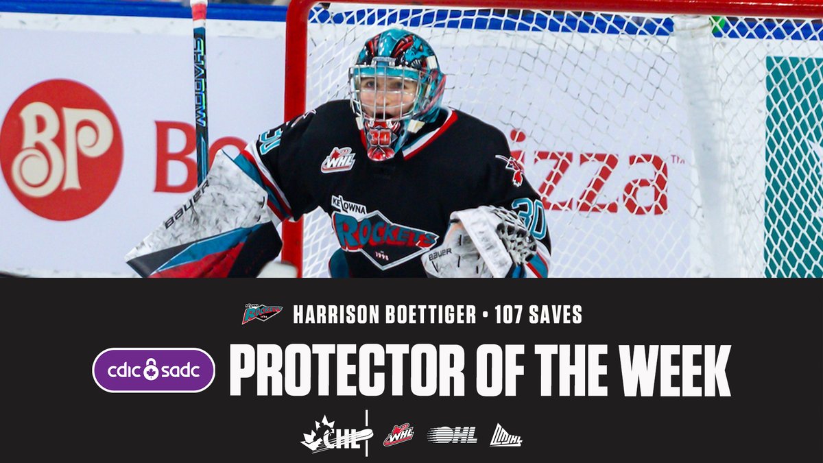 CHLHockey's tweet photo. A stunning week from the @Kelowna_Rockets' 2026 #NHLDraft prospect Harrison Boettinger saw him make 107 saves but also register a 0.98 GAA &amp; .973 save percentage across three wins as he collects #CHLProtectoroftheWeek presented by @CDIC_CA honours! https://t.co/zsev5PWUeL