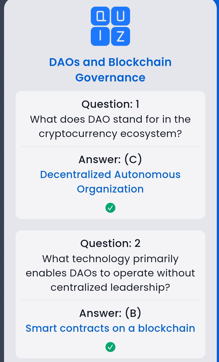 KelechiStanJ's tweet photo. Syntaxverse general quiz answers
Topic: DAOs and Blockchain Governance
#SyntaxVersequiz #Syntaxquiz #syntax #syntaxversegeneralquiz
Follow me for more updates https://t.co/yGZ6O9AJPg