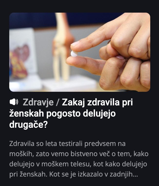 zivap_'s tweet photo. Women are not small men.

Love to see articles like this (Why medication doesn't work the same for women as they do in men) in Slovenian national media. https://t.co/s09FBwJ6Y5