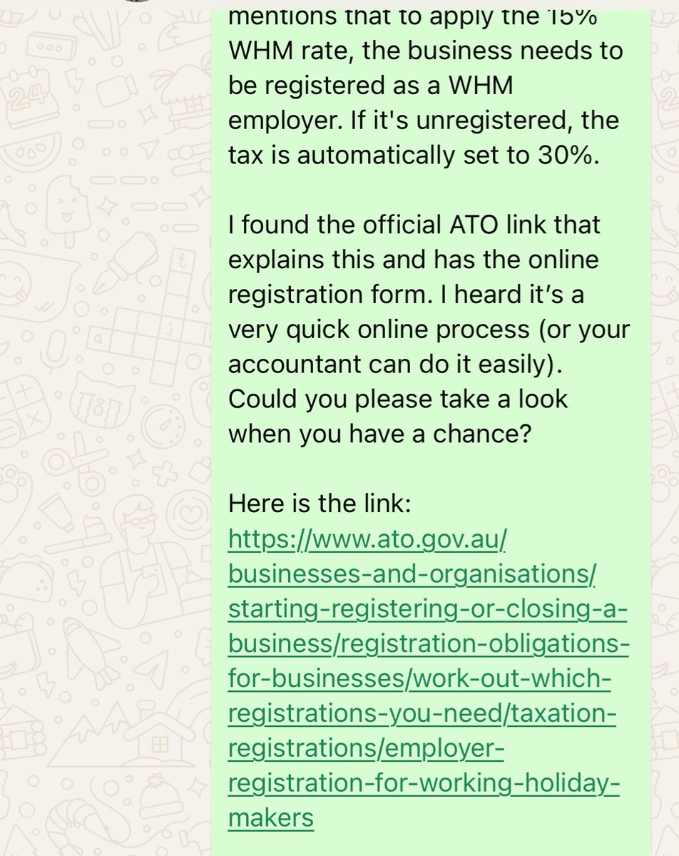 워홀러분들!!!! 페이슬립 꼭 확인하세요!!! 
저같경 15% 세금이 아니라 30% 세금 떼이고 있었어요^..^ 

사장님이 워홀러 고용주 등록을 안하면 이런 일이 발생합니다,, 워홀러 고용이 처음이시면 모르는 사장님들도 꽤 계시더라구요🤗🤗

7월 세금환급 받을때 들어오지만 그래도 이런 이슈 사전에