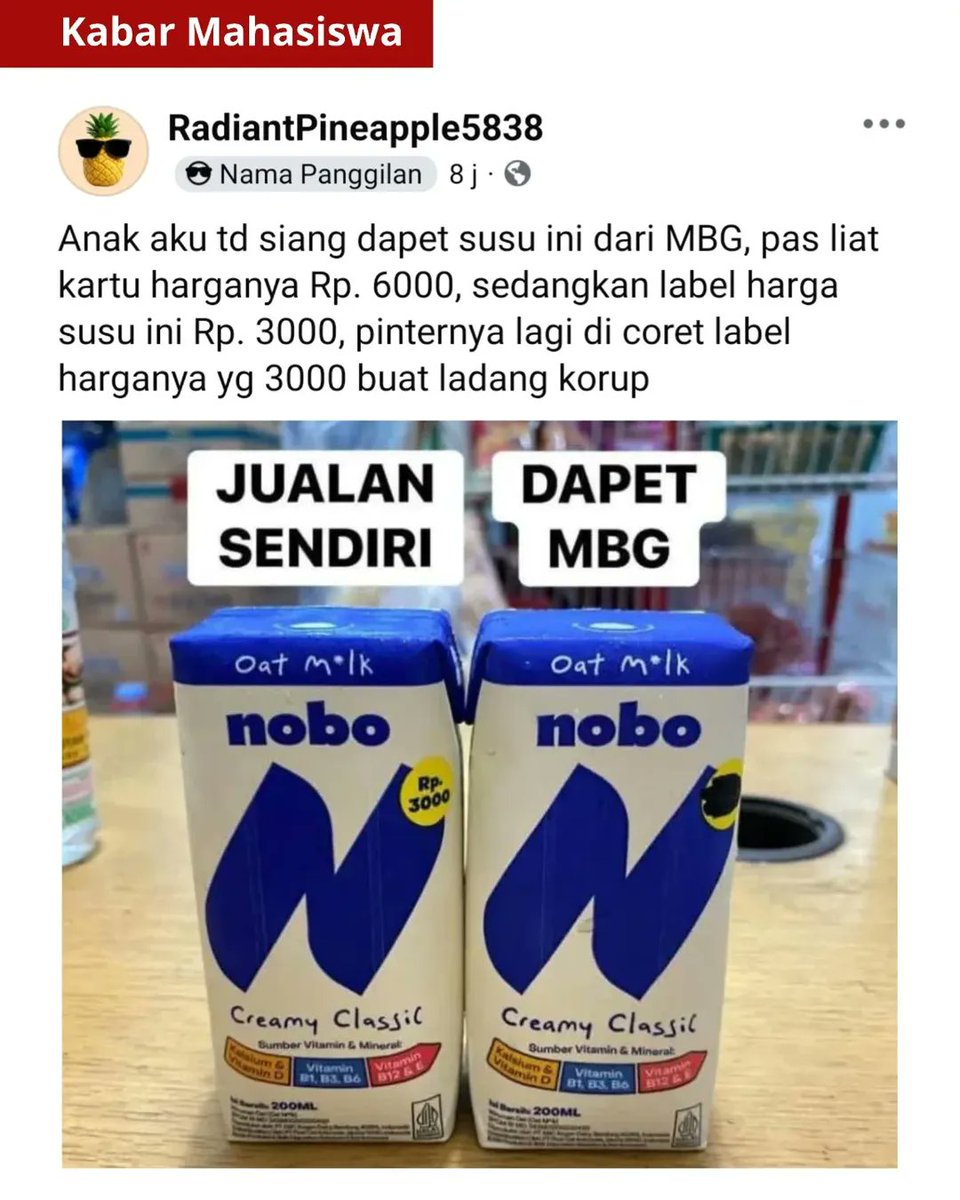 Harga asli = 3000
Harga MBG = 6000 

Jika dapur itu mengelola 3000 Box, maka dia akan dapat keuntungan 9 juta.

Itu keuntungan satu hari lho dan hanya dari satu produk saja !!

Gila-gilaan ya. 
Pantes lebaran juga ga mau libur !

-----
Syifa Dilan Durian