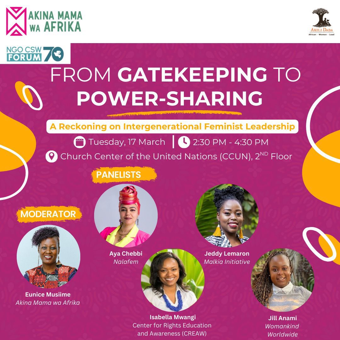 woman_kind's tweet photo. WEEK 2 at #CSW70 🎉Our very own @jillannAmi joins @amwaafrika's side event tomorrow! 🌍

Jill will be bringing insights for the session "From Gatekeeping to Power-Sharing: A reckoning on Intergenerational Feminist Leadership."  together with Aya Chebbi, @_Nalafem, Jeddy Lemaron,  @M_Ifoundation, Isabella Mwangi @CREAWKenya and moderated by @musiimee

⏰Time: 2:30 - 4:30 pm EDT  
🏤Venue: Church Centre for the United Nations (CCUN), 2nd Floor

#WomankindatCSW70 #SafetyByDesign #FeministTech