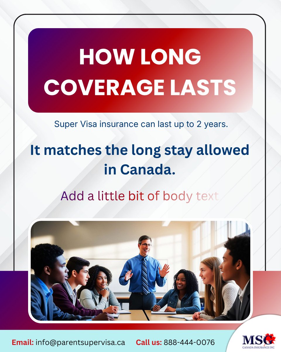 parentsupervisa's tweet image. Super Visa insurance can provide coverage for up to 2 years.

It aligns with the maximum long-term stay allowed in Canada.

Check your plan duration today and get a free quote. 📅

#supervisainsurance #travelinsurance #visitorinsurance #canadatravel #medicalcoverage
