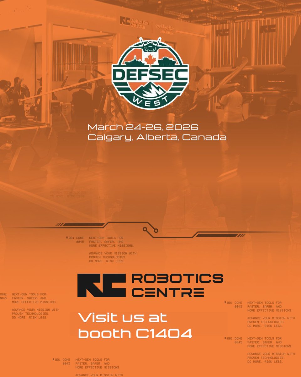 Robotics_Centre's tweet image. Robotics Centre will be at DEFSEC West 2026 in Calgary (Mar 24–26), showcasing Canadian-made drone and FPV technologies for defence, public safety, and government ops. Visit us at Booth C1404.

#DEFSECWest #DEFSEC #Defence #Security #WesternCanada #MadeInCanada