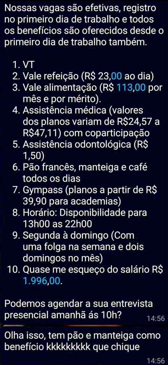 FelipeTechPM's tweet photo. 👩🏼‍💼 Abriu a vaga, Carol?

👩🏻‍💻 Sim, chefe. Já estou falando com alguns candidatos!

👩🏼‍💼 Colocou os benefícios que alinhamos?

👩🏻‍💻 Sim, expliquei que tem coparticipação e tal…

👩🏼‍💼Tá bom, não se esqueça do beneficio principal.

👩🏻‍💻 Pão com manteiga e café, anotado!

👩🏼‍💼 🥰

👩🏻‍💻 🥰

😆😂🤣 https://t.co/Dlsr0vQYeN