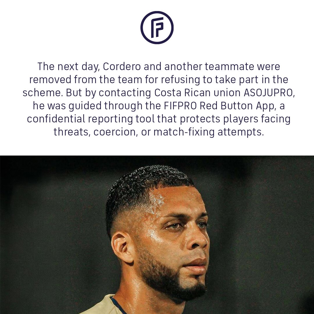 FIFPRO's tweet photo. When Bryan Cordero refused to fix a match, he became a target.

With support from Costa Rica’s player union @ASOJUPRO and FIFPRO’s Red Button App, justice was eventually served.

This is Bryan's story.