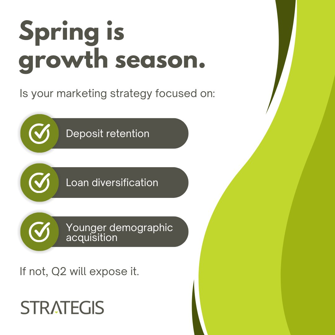 Spring is growth season.

Is your marketing strategy focused on:
 ✔️ Deposit retention
 ✔️ Loan diversification
 ✔️ Younger demographic acquisition

If not, Q2 will expose it. #Strategis