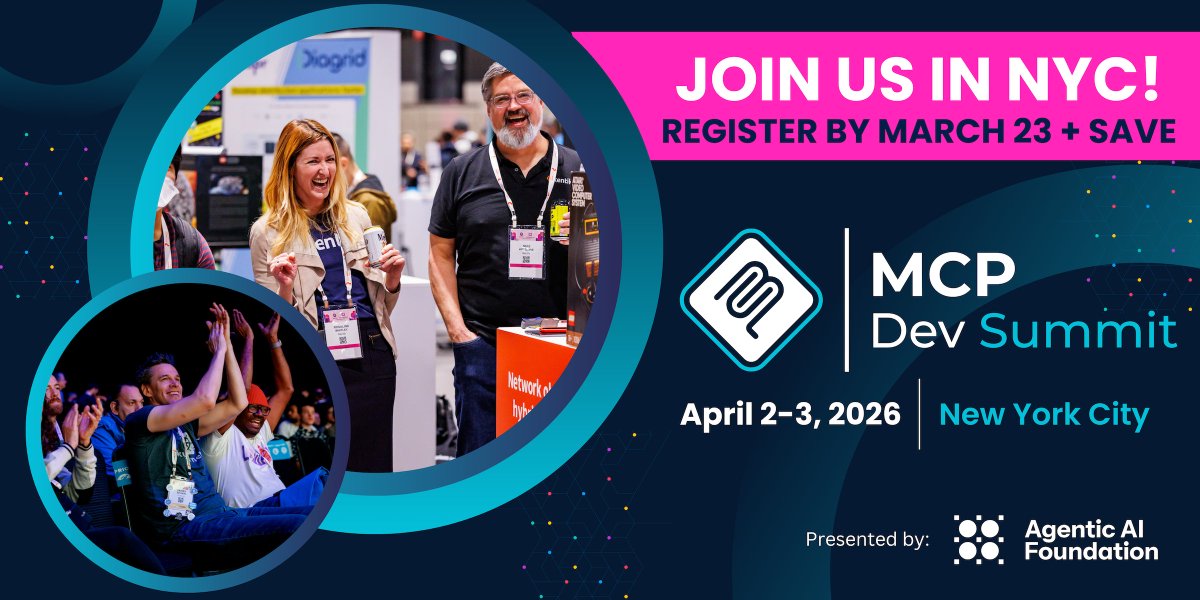 Building with #MCP or #AgenticAI?
Join us at #MCPDevSummit (April 2–3 in NYC) for 95+ technical sessions on MCP architecture, tools, and real-world deployments.
💸 Save $400+ when you register by March 23: hubs.la/Q046PcF20
🗓 Explore the schedule: hubs.la/Q046Q5cF0
