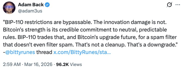 Beautyon_'s tweet photo. Quite naturally, these people deploy fallacious arguments to bolster their insupportable positions. 

They claim that only a "Scientific Approach" should be used, but if that were true, they would never have opted for an increase in OP_RETURN, because the experiment had already been run on an altcoin where the negative outcome was already seen and theory that the increase decreases spam completely disproven, whilst also demonstrating the introduction of a large reputational risk.

The scientific method requires experimentation, not blindly gambling with other people's money, and expecting a different result when the experiment has already been run once.

The claim that "Bitcoin's strength is its credible commitment to neutral, predictable rules" makes no sense when the OP_RETURN increase was manifestly not done in a neutral way (forced through), and claiming that it was done as a "Spam Filter" is simply false; a Straw Man Argument.

On the contrary, allowing for bigger contiguous spam files is the downgrade; another inverted reality prosaic non argument that only an uninformed or a  simpleton would accept at face value.

It appears that BIP110 is going to activate. If it does, this avenue of storing large contiguous files will be closed. What happens after that will be an extension of the war against Spam on Bitcoin, but what will be demonstrated is that no one agrees with perspective driven non definitions, and no one is interested in supporting infinite "use cases" driven by reality denying SJWs and their sycophants and enablers.

And the software arena is not the only place where this battle will continue.

Don't believe for an instant that someone is not going lobby Cynthia Lummis and the other legislators globally who want to be aligned with Bitcoin. They will have no problem understanding that Bitcoin is a financial network and will gladly extend Financial Terrorism, and Network Disruption legislation to everything these Wreckers of Civilization are planning to deploy.

When the legal penalties for running Worms on Bitcoin and depositing non financial data are made clear, all of the people performing it or writing software to do it will suddenly stop doing it and move to altcoins, where their tools work identically but without the very real legal risk.

You can be sure that the very big players are thinking about this seriously, because it's their money that is at stake, and they're not going to let, "a gaggle of weirdos dump JPEGS on their money".