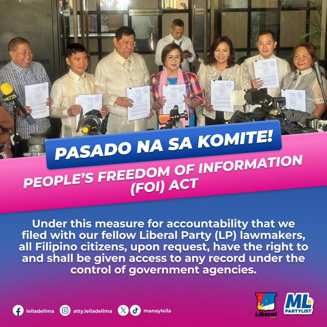 manayleila's tweet photo. Freedom of Information (FOI) Act na kontra katiwalian, fake news at kawalang pananagutan sa pamahalaan, pasado na sa Komite ng Kamara!

Sa ilalim ng panukalang batas na ito na isinusulong ng Liberal Party of the Philippines (LP) bloc sa Kamara ang hindi na pahirapang pagsasapubliko ng mga dokumento tulad ng Statement of Assets, Liabilities and Net Worth (SALN) ng Pangulo, Pangalawang Pangulo, at iba pang matataas na opistal ng gobyerno. 

FOI bill, isabatas! ✊