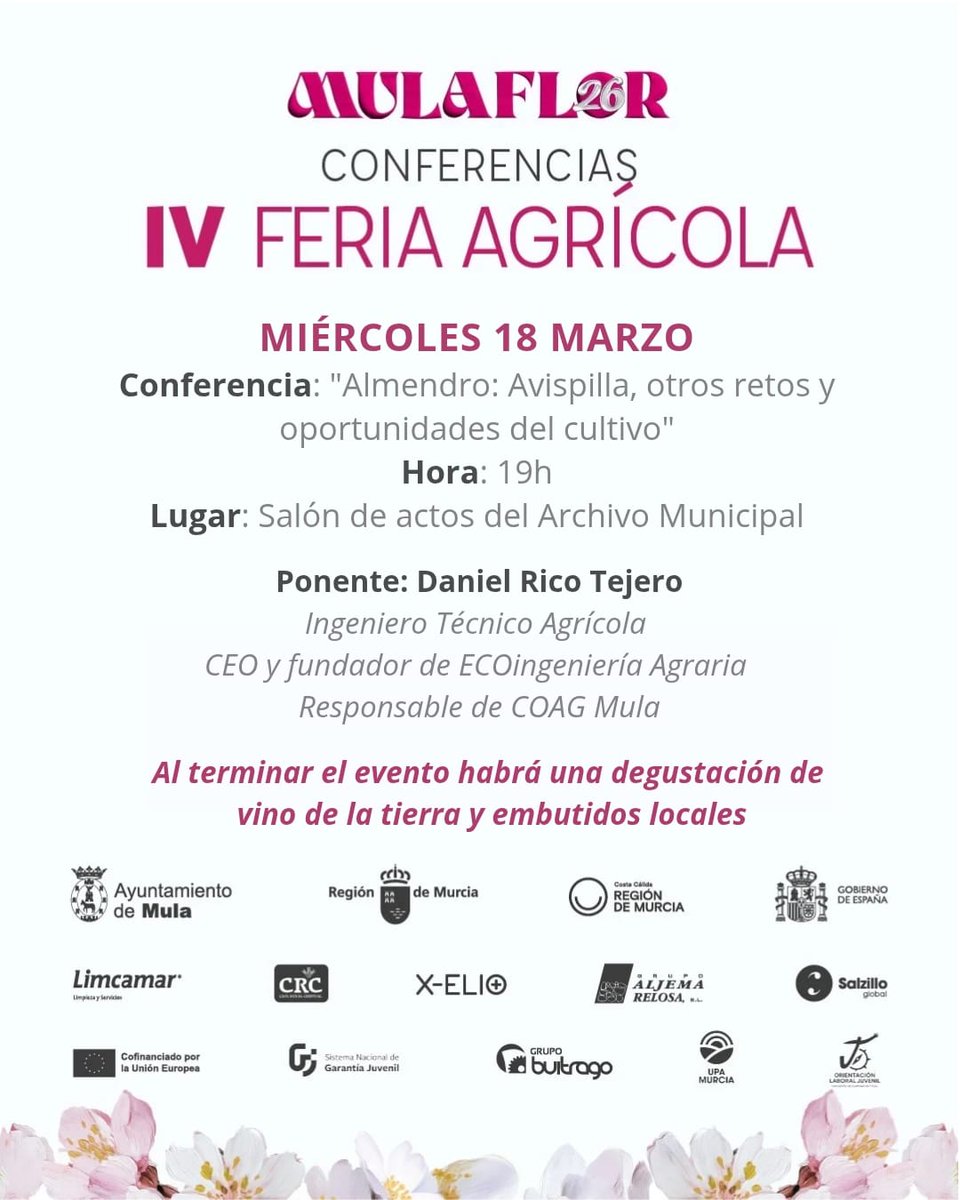 cogitarm's tweet photo. El 18 de marzo a las 19:00 h, dentro de AulaFlor 26 · IV Feria Agrícola de Mula, se celebrará la conferencia:
“Almendro: avispilla, otros retos y oportunidades del cultivo”.

👨‍🌾 Ponente: Daniel Rico Tejero, ingeniero técnico agrícola.
📍 Archivo Municipal de Mula. https://t.co/yRuBHwGZGd