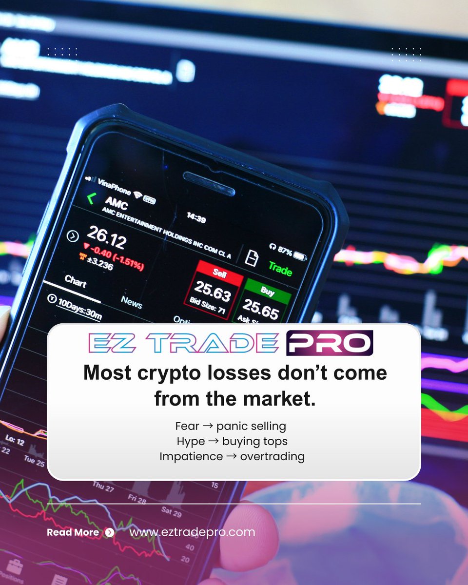 EZTradePro's tweet photo. Most crypto losses don’t come from the market.

They come from emotion.

Fear → panic selling
Hype → buying tops
Impatience → overtrading

The solution isn’t guessing better.
It’s having a system.
Trade Crypto Without Emotion.

👉 https://t.co/B1vuLMHJhH
 NFA https://t.co/D2GWjGwhi9