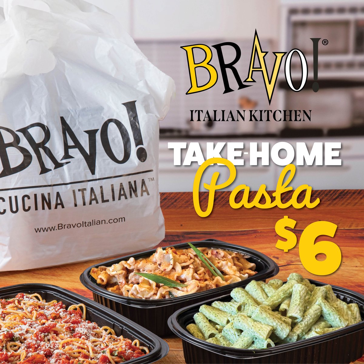 Great Italian dinners shouldn’t end when the check arrives.🍝

Take home a freshly prepared pasta, packed cold with simple reheating instructions and ready whenever the craving hits.

Four delicious ways to enjoy a BRAVO! favorite again tomorrow. ✨