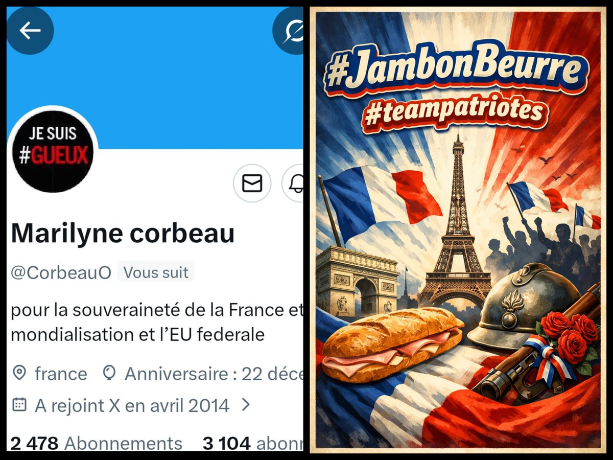 INFO🚨Merci de partager!
Mes amis abonnés😉
Ainsi que l'équipe #JambonBeurre #TeamPatriotes🇨🇵
Notre amie <a href="/CorbeauO/">Marilyne corbeau</a>   👍
Aurait besoin d'un petit coup de pouce pour grossir sa TL!🥳
Merci de vous abonner à elle!🙏
Et n'oubliez pas!😉
Tous ensemble nous sommes plus forts!🇨🇵