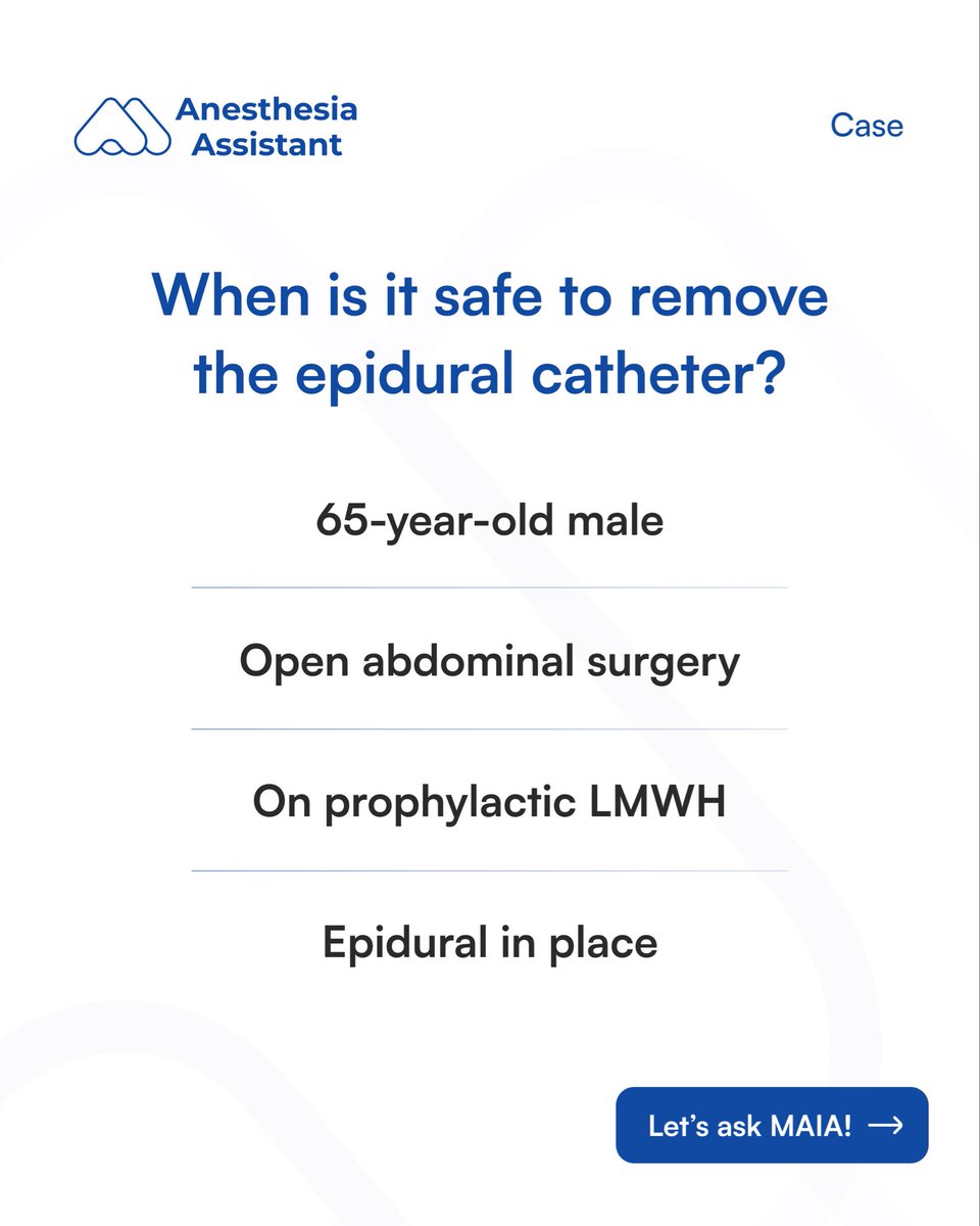 NYSORA's tweet photo. This is where timing matters. Too early increases the risk of spinal epidural hematoma. Too late complicates anticoagulation.

The NYSORA Anesthesia Assistant App, provides instant clinical support when seconds matter.

https://t.co/qwcTPk7EYU https://t.co/iJzrQd8Wk1