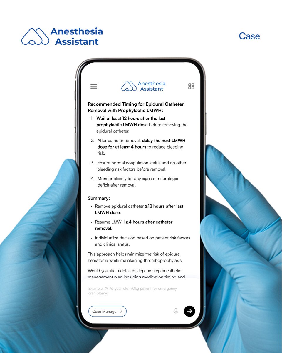 NYSORA's tweet photo. This is where timing matters. Too early increases the risk of spinal epidural hematoma. Too late complicates anticoagulation.

The NYSORA Anesthesia Assistant App, provides instant clinical support when seconds matter.

https://t.co/qwcTPk7EYU https://t.co/iJzrQd8Wk1