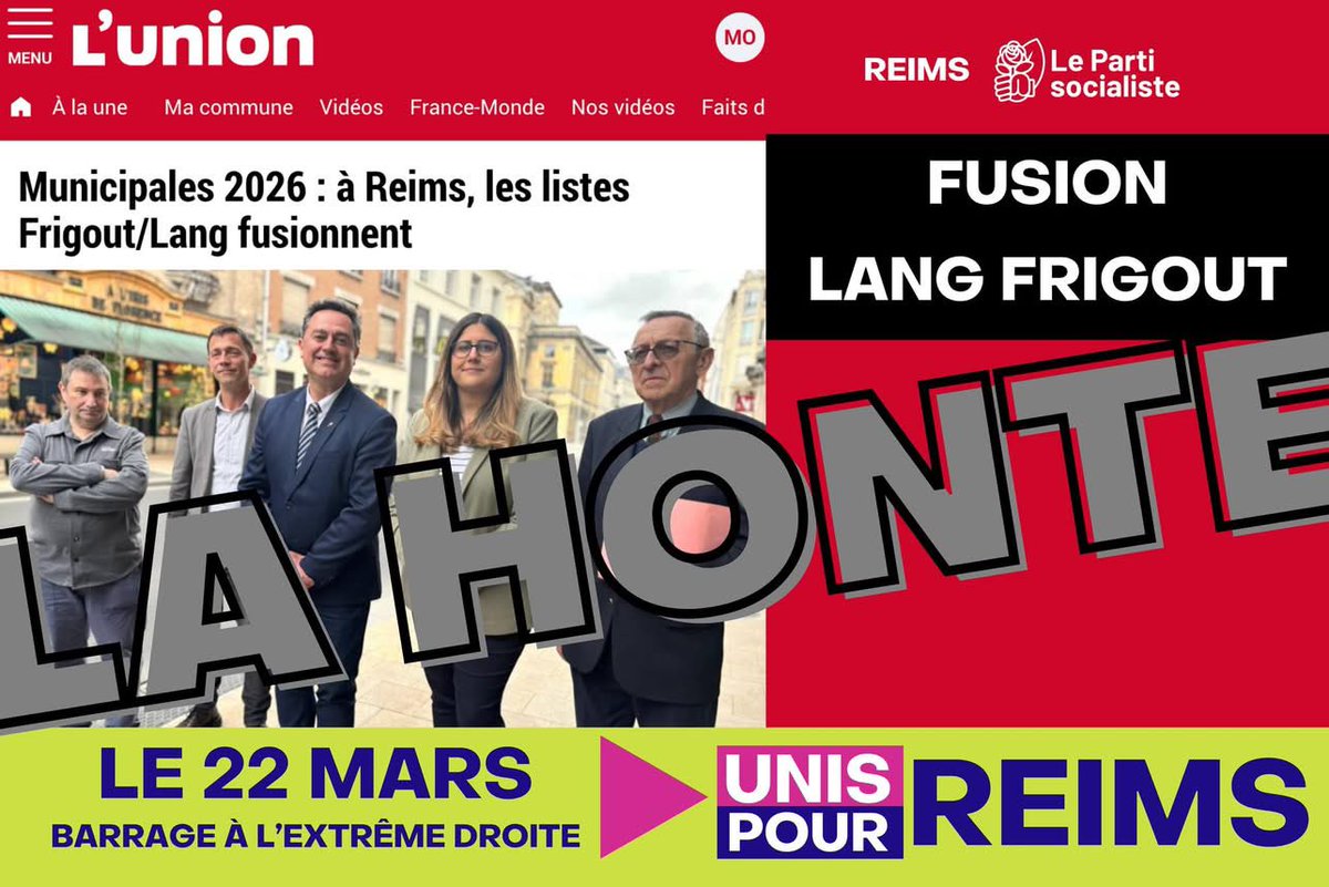 PS_Reims's tweet photo. #Municipales #Reims LANG Fusionne avec FRIGOUT 🤢 

Face à la droite macroniste de ROBINET 
Face à l'extrême droit LANG/FRIGOUT
le 22 mars, donnez de la force à l'opposition de la gauche républicaine et écologiste - VOTEZ et FAITES VOTER UNIS POUR REIMS • @EricQUENARD 2026 https://t.co/F1xg9EOrxO