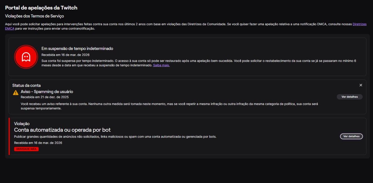 PGuerdis's tweet photo. @TwitchBR acabei de ter minha conta suspensa por ter uma “conta automatizada ou operada por bot”  poderiam reavaliar esta analise, por favor :) https://t.co/hO5vwTvc8W
