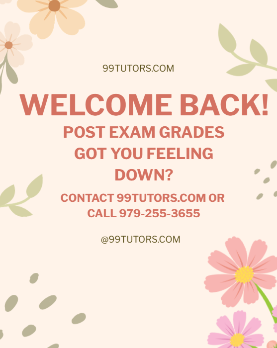 Just got your exam grades back? 📊
Don’t stress—there’s still time to improve! 💪
 99Tutors.com offers online &amp; in-person tutoring for all courses.
Call 979-255-3655 or visit 99tutors.com to book your session today! 📚
#Tutoring #CollegeSuccess #99Tutors