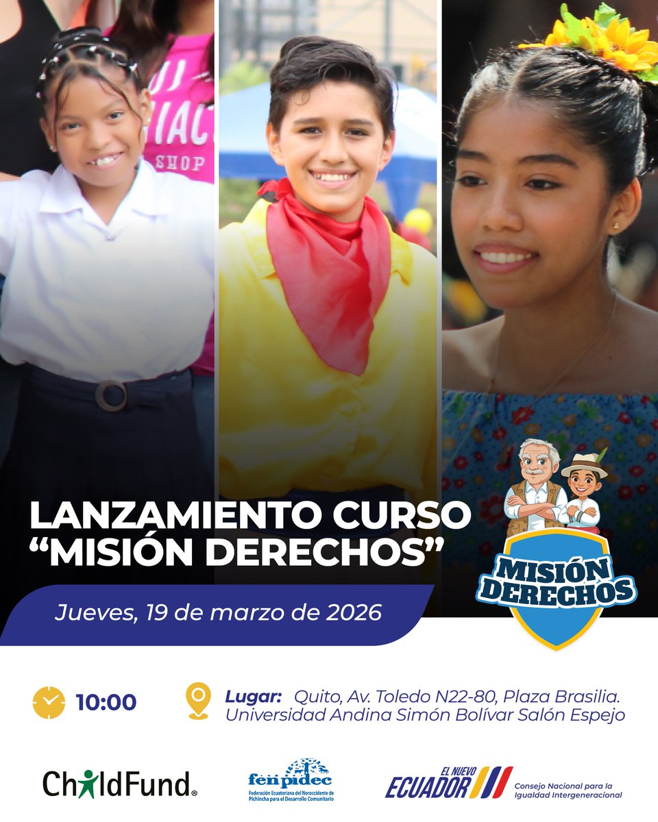 [INVITACIÓN] 📌
En alianza estratégica, presentaremos el curso virtual interactivo de protección integral de derechos de niñas, niños y adolescentes "Misión Derechos". 
📆19 marzo 2026
⏰10h00
📍Universidad Andina Simón Bolívar
▶️ Facebook Live: CNII.Intergeneracional