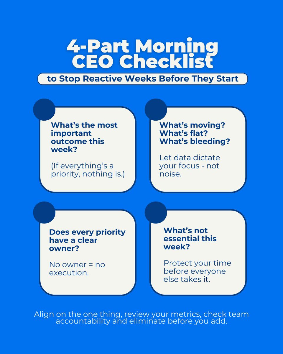 Your week doesn’t need more hustle. It needs a system.
✅ Set your ONE priority
✅ Review key metrics
✅ Assign clear ownership
✅ Cut what doesn’t matter

Start running your course business like a CEO.
📩 DM CEO OS for the full weekly template.
📌 Save this.