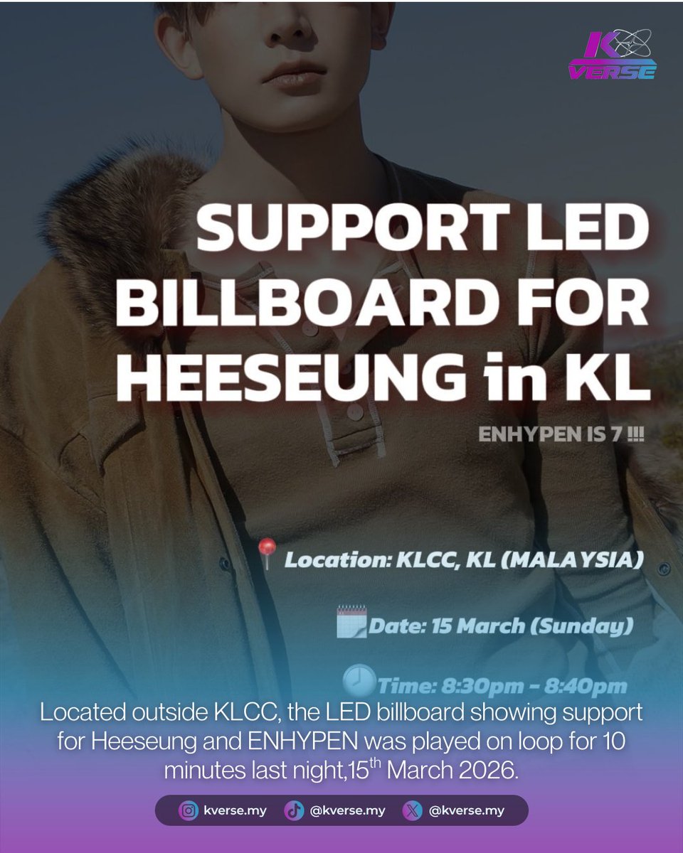 kverseMY's tweet photo. 🇲🇾 Malaysian ENGENEs have launched another protest project, this time with an LED billboard near KLCC in Kuala Lumpur.

Fan campaigns continue to grow worldwide.

#ENHYPEN #Heeseung #ENGENE #KVerseMY #Malaysia #ENHYPEN_İS_7 https://t.co/xMJCF427Ok