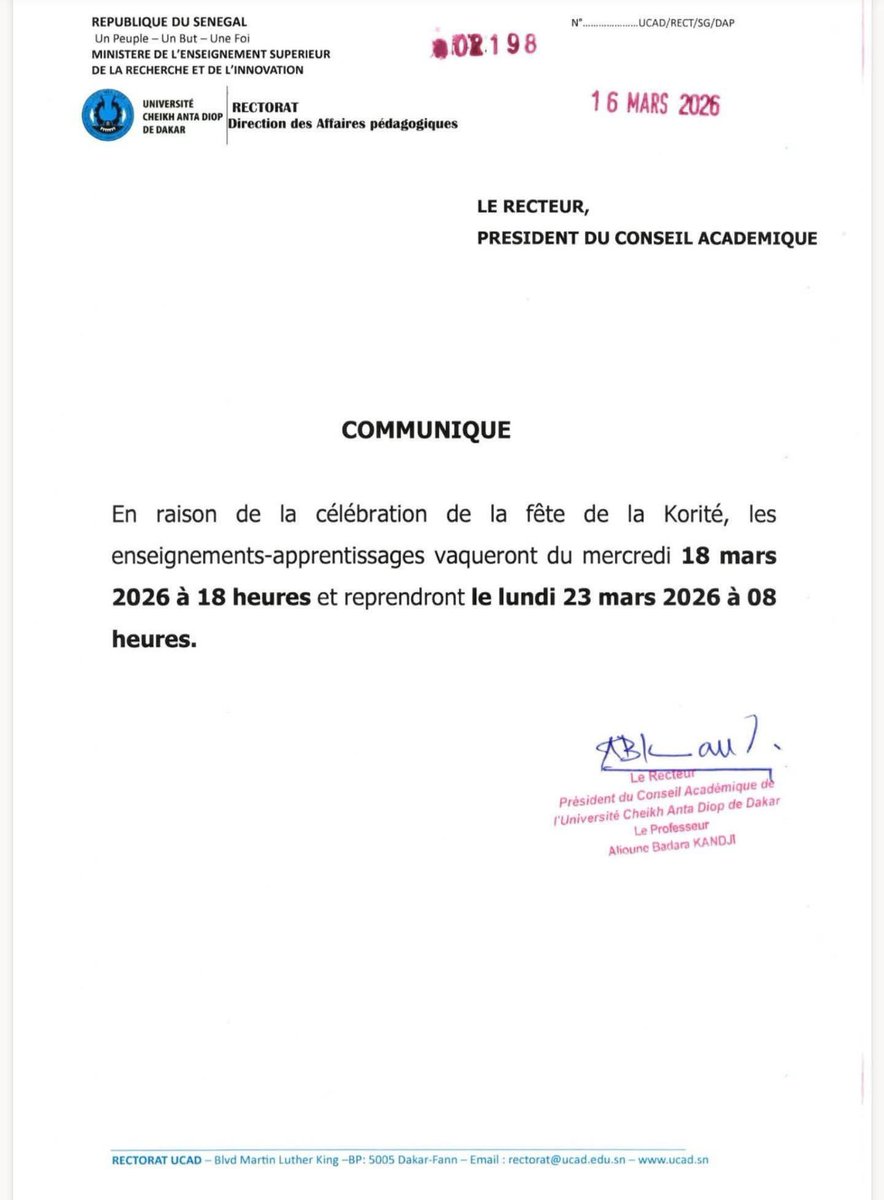 BoubacarDi48028's tweet photo. COMMUNIQUE:

En raison de la célébration de la fête de la Korité, les enseignements-apprentissages vaqueront du mercredi 18 mars 2026 à 18 heures et reprendront le lundi 23 mars 2026 à 08 heures. https://t.co/gI2eNRz9nF