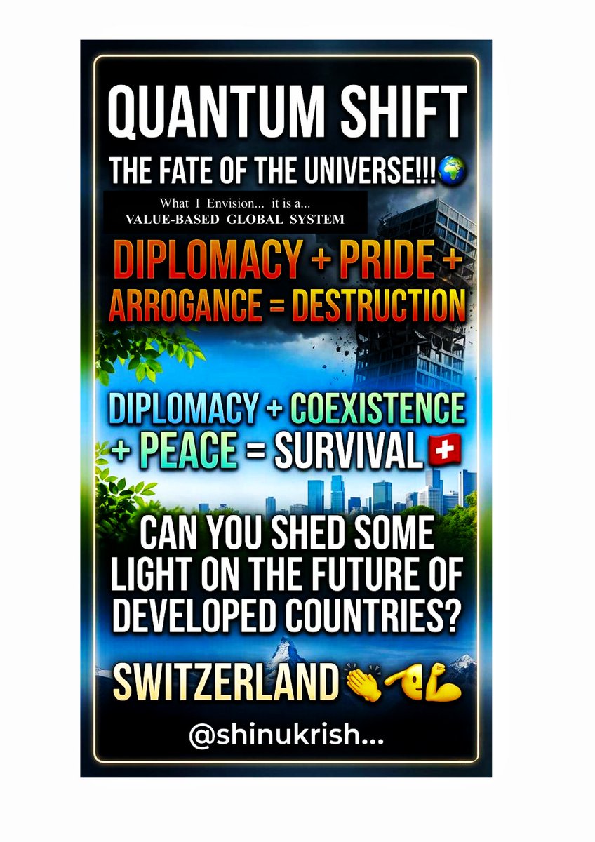 KSanadhana98329's tweet photo. Those who need to understand will understand..!
@elonmusk
@antonioguterres

#QuantumShift #GlobalPeace #Diplomacy #Switzerland #ValueSystem #Neutrality #WorldPolitics #Survival #Shinukrish https://t.co/gDisaH5DFZ