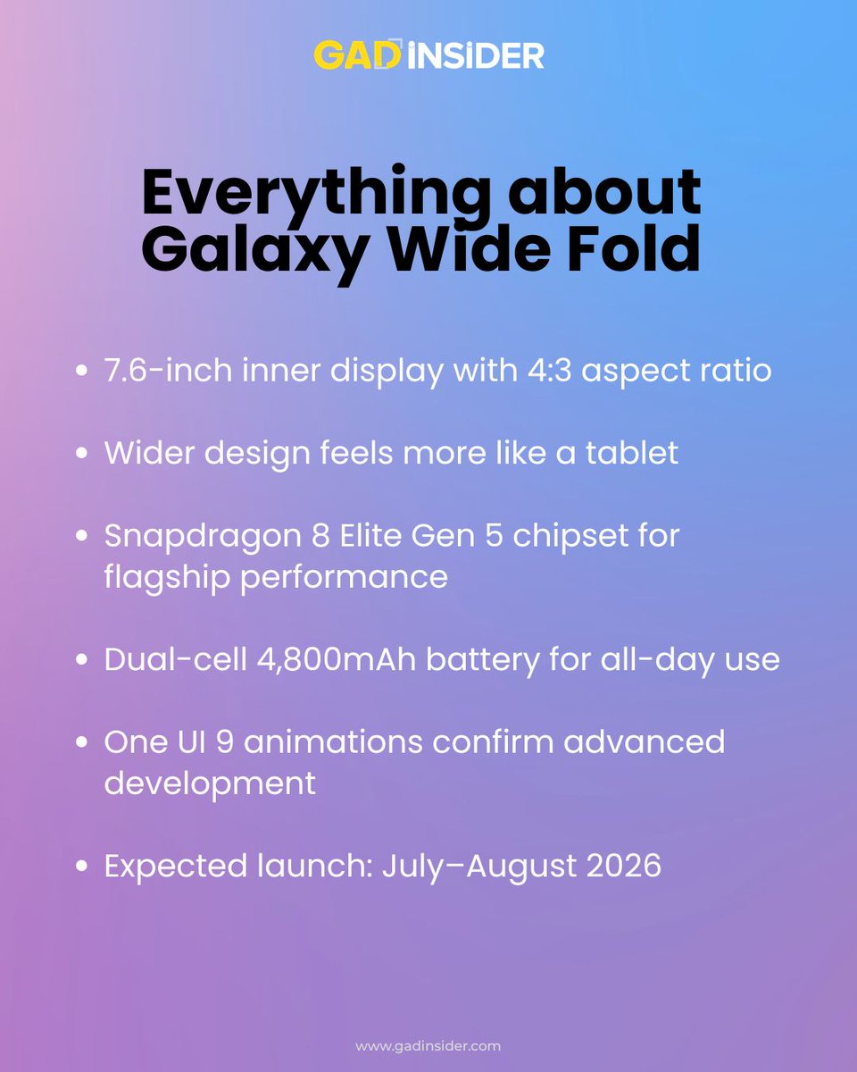 Gadinsidernews's tweet image. Samsung’s next foldable might change the game—wider, tablet-like, and powerful, the Galaxy Wide Fold is shaping up to be the perfect mix of portability and flagship performance.

#Gadinsider #galaxy #GalaxyFold #GalaxyWide #galaxywidefold #Samsung