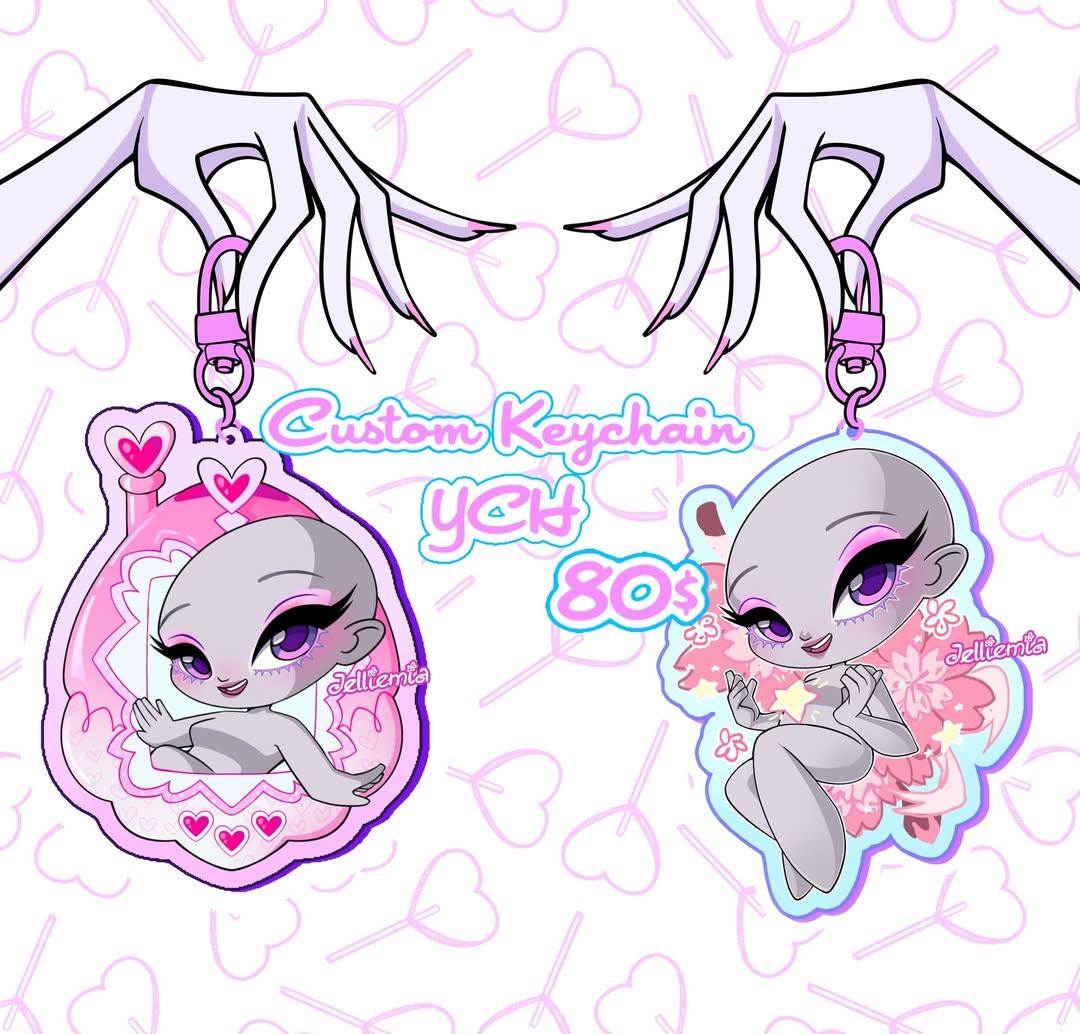 Jelliemia's tweet image. ✨️CUSTOM KEYCHAIN Ych ✨️
3 SLOTS each 
 You will get: 
💖Png art of your character 
💖PHYSICAL keychain about 6.5 cm 
💖holographic stickers with this art 
💖shipping included in  price  #keychain #ych #commission