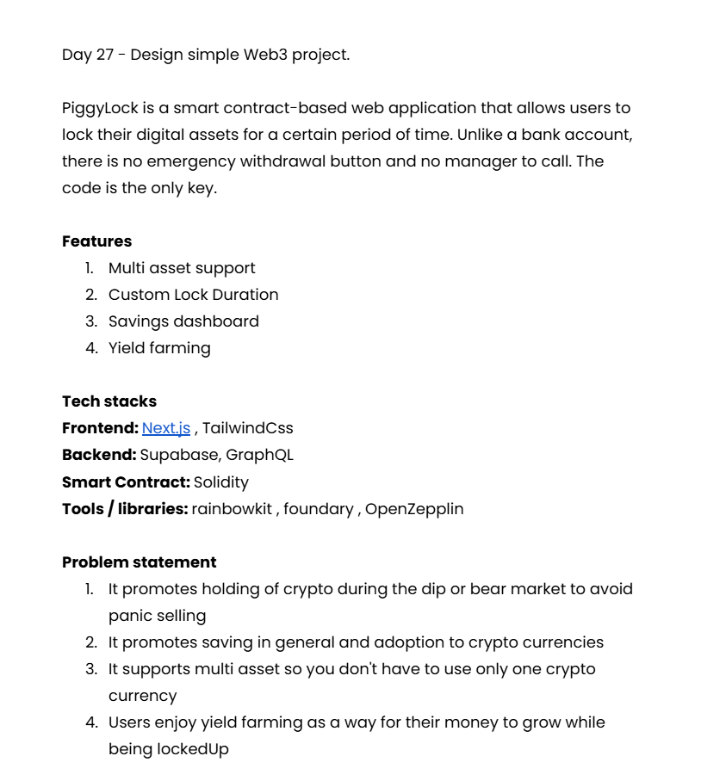 ayyxbt's tweet photo. Day 27 - PiggyLock (My web3 project)
PiggyLock is a smart contract-based web application that allows users to lock their digital assets for a certain period of time, promoting savings and crypto adoption.
@gdgoc_bowen
#GDGoCBowen
#GDGoC30DayChallenge https://t.co/BWpfIiKWf5
