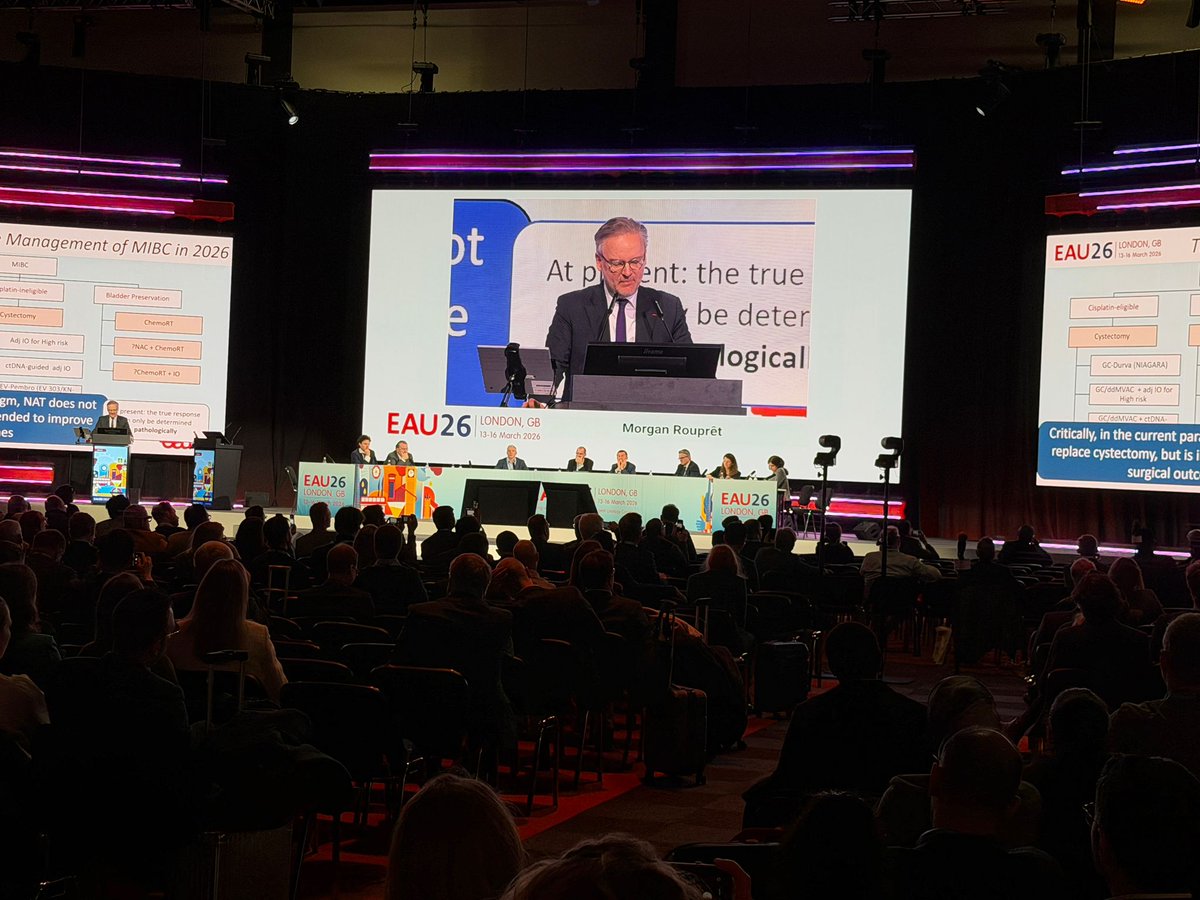 MRoupret's tweet photo. #EAU26 London – Take-Home Messages on Muscle-Invasive and Advanced Urothelial Cancer 🫵 
Honoured to be part of the scientific committee office of the congress and to  share today at the hashtag#EAU26 in London a short “Best of the Best” overview of the most impactful data shaping the management of muscle-invasive bladder cancer (MIBC) and metastatic urothelial carcinoma.
Here are my key take-home messages:
1️⃣ Radical cystectomy remains central in MIBC (in 2026)
Despite the rapid development of systemic therapies and bladder-preserving strategies, radical cystectomy continues to be the cornerstone of curative treatment. Current diagnostic tools (imaging, endoscopy) still lack the accuracy needed to safely omit surgery in most patients.
2️⃣ Biomarkers are coming – but not ready to replace surgery
Circulating tumor DNA (ctDNA) is emerging as a powerful tool to identify minimal residual disease and systemic relapse risk. However, ctDNA currently reflects systemic disease rather than local bladder tumor burden. We are not yet able to confidently equate clinical complete response with pathological complete response.
3️⃣ EV + Pembrolizumab is reshaping the peri-operative landscape
Results from KEYNOTE-B15 / EV-304 and KEYNOTE-905 / EV-303 suggest that ADC + immune checkpoint inhibitor combinations may significantly improve outcomes compared with standard cisplatin-based chemotherapy.
But an essential message remains:
➡️ Systemic therapy must be integrated with radical cystectomy, not replace it.
4️⃣ In metastatic urothelial cancer: EV + Pembro is the new frontline standard
Data continue to confirm that enfortumab vedotin + pembrolizumab provides major improvements in PFS and OS versus platinum chemotherapy.
➡️ The paradigm has shifted: EVP first – ask questions later.
5️⃣ The next challenges
• Optimising toxicity management of EVP
• Identifying patients with early progression
• Integrating biomarkers and real-world evidence
• Defining the future role of chemotherapy in a rapidly evolving landscape
Exciting times in urothelial cancer, where surgery, systemic therapy, biomarkers and innovation are finally converging.
#EAU26 #BladderCancer #UrothelialCancer #MIBC #Oncology #Urology @Uroweb @AFUrologie