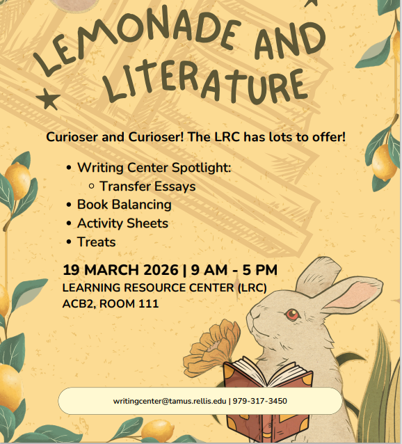 rellisedu's tweet photo. Join the LRC for Lemonade and Literature on March 19 in the Learning Resource Center ACB2, Room 111! https://t.co/MDXxHes3ds