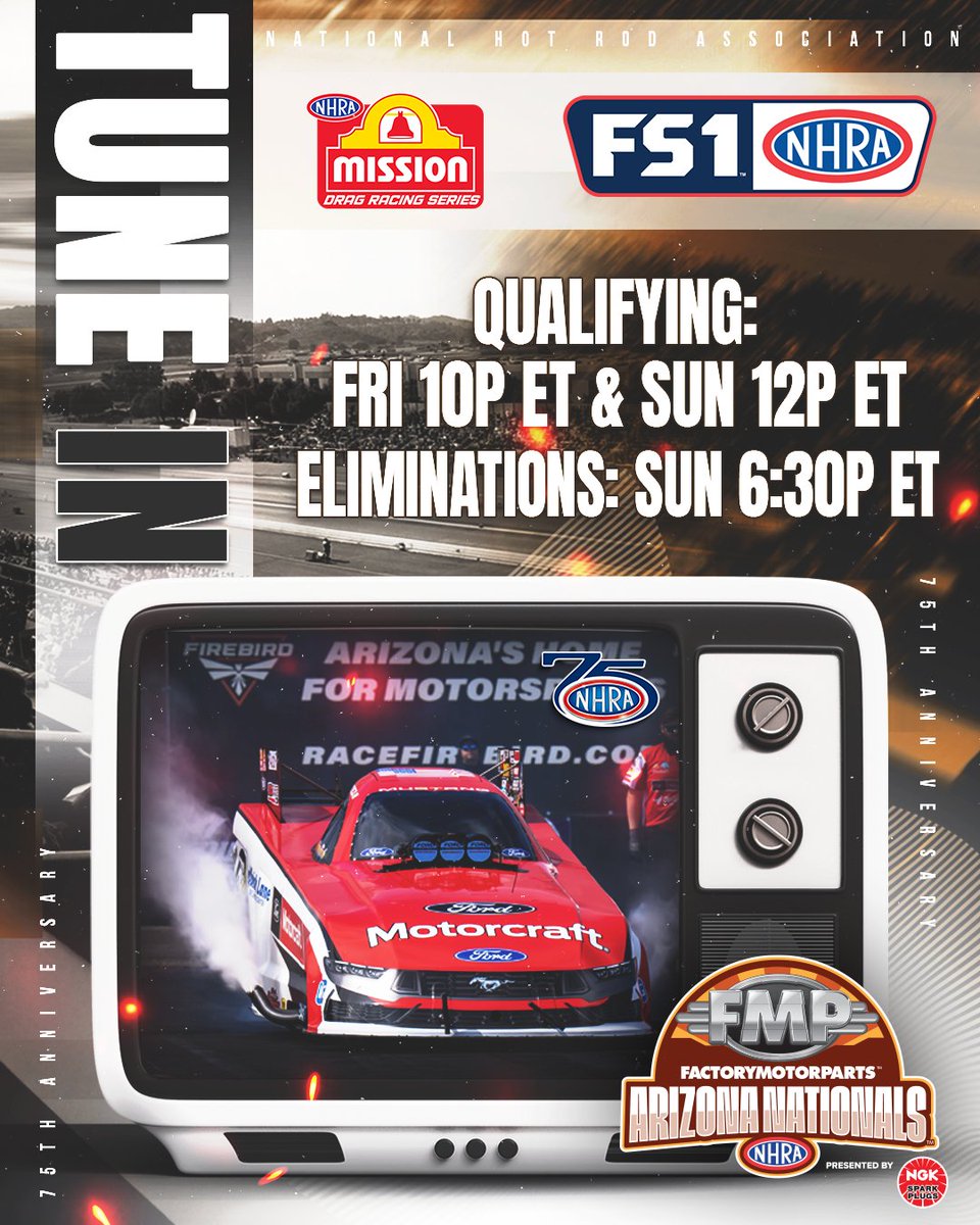 Tasca_Racing's tweet photo. TV Times for the 2026 @NHRA #ArizonaNats :
Qualifying:
Friday 10p-12a ET on FS1
Sunday 12-1:30p ET on FS1
Eliminations:
Sunday 6:30-9:30p ET on FS1
#NHRA75 | #NHRASpeedCheck | #SpeedForAll | #NHRAonFOX https://t.co/Wdqu1zQuFn
