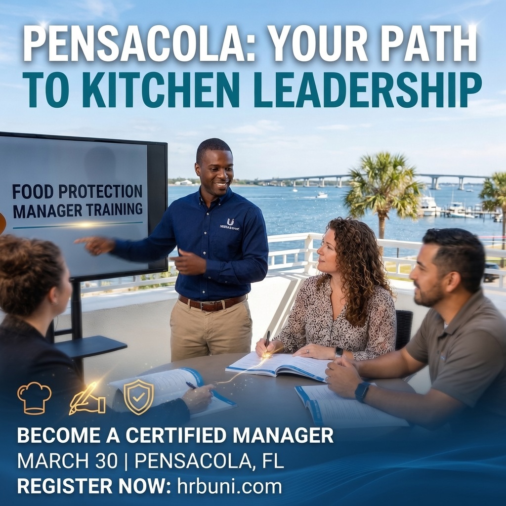 WatchHRBTv's tweet photo. Level up your food safety game in Pensacola! 🍴

Join us for the ServSafe® Food Protection Manager Course &amp; Exam on March 23rd. Stay compliant, protect your brand, and get certified.

🎟️ Register: https://t.co/lr61jNicUs

#ServSafe #Pensacola #FoodSafety #RestaurantLife https://t.co/voBhFYMEO8