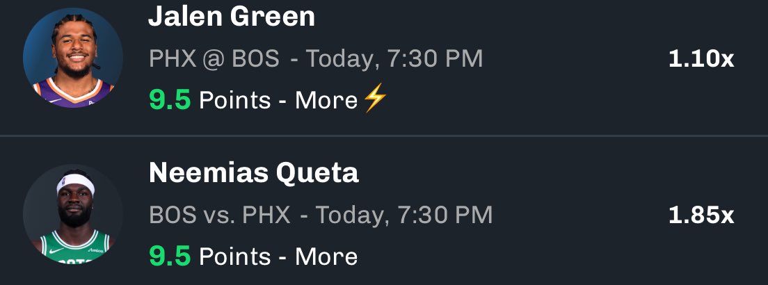 AlexCaruso's tweet photo. Daily Double on Chalkboard

Jalen Green Over 9.5 Points
Neemias Queta Over 9.5 Points

Make sure to use use⬇️

Code CARUSO for a 100% Deposit Match up to $100 and get an Kevin Durant 0.5 Points FREE PICK for ALL NEW USERS TODAY➡️ https://t.co/5xQYUKhe8s https://t.co/RIZavE69Q5