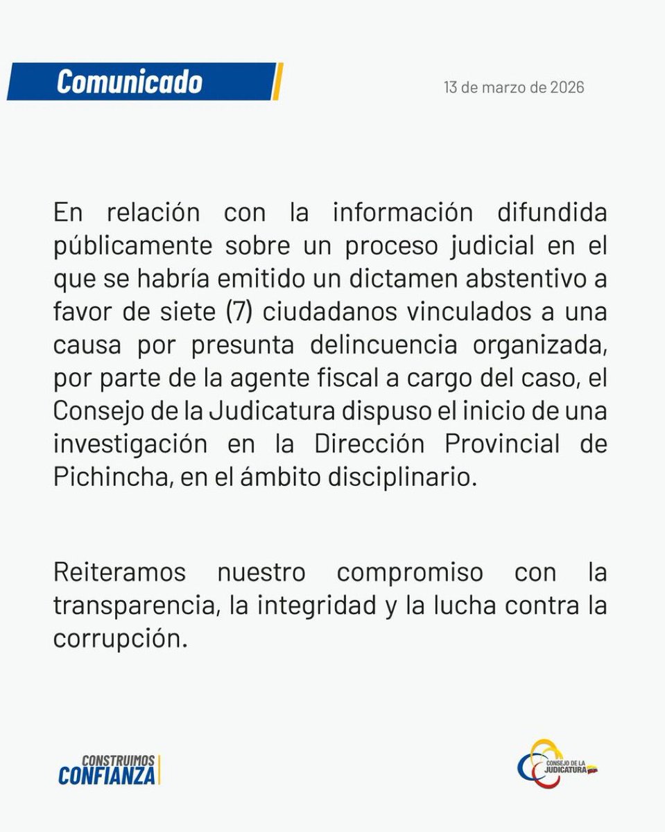 ⚠️ COMUNICADO
CONSEJO DE LA JUDICATURA
#infomedia #ConsejoDeLaJudicatura
<a href="/CJudicaturaEc/">Consejo de la Judicatura</a> <a href="/BolivarCJ/">Bolívar CJ</a> <a href="/DamianLarcoG/">Damián Larco Guamán</a>