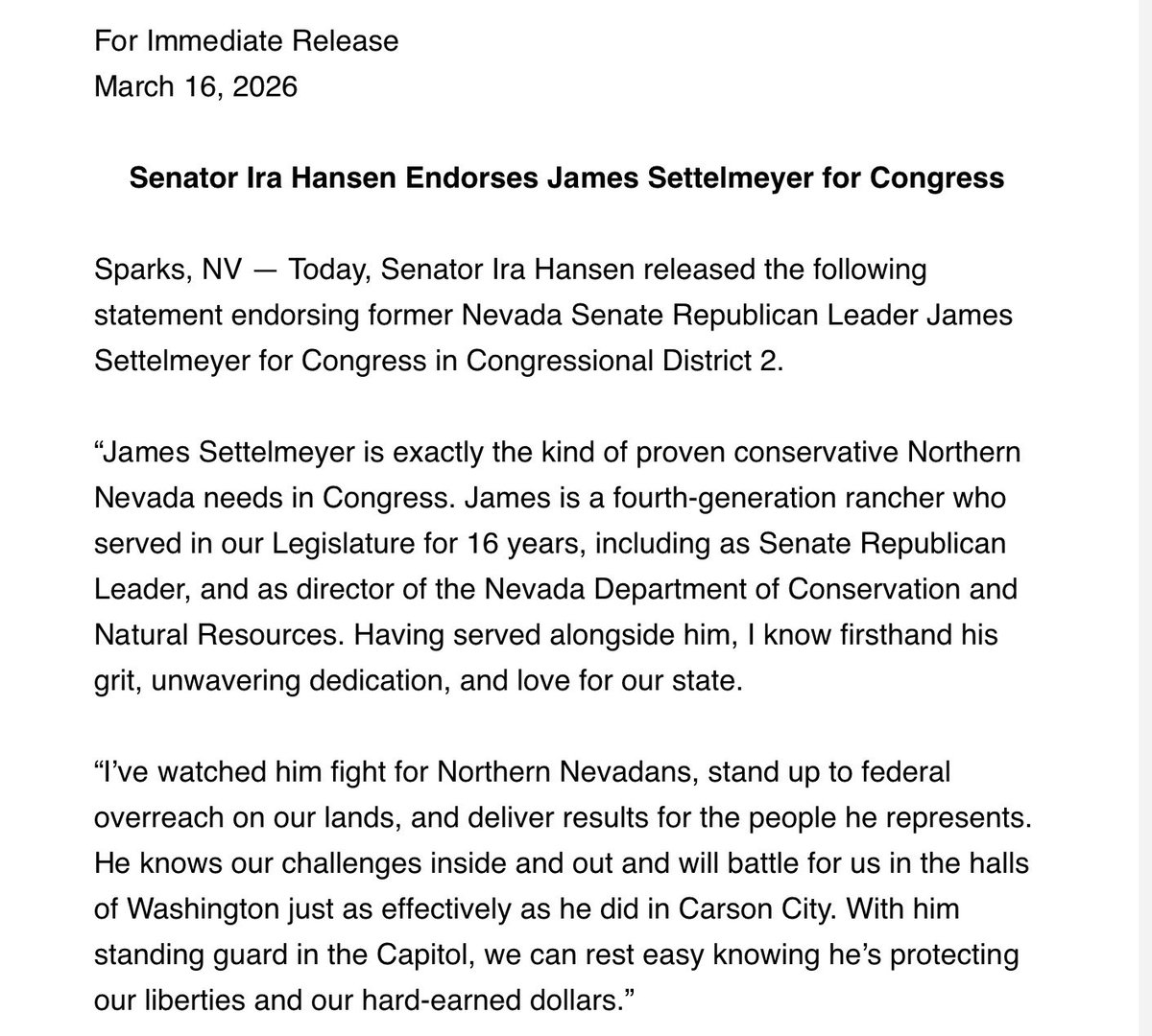 🚨 Endorsement News 🚨 
Highly respected State Senator <a href="/Irahansen/">Ira Hansen</a> is supporting <a href="/SettelmeyerNV/">James Settelmeyer</a> for Congress. #CD2