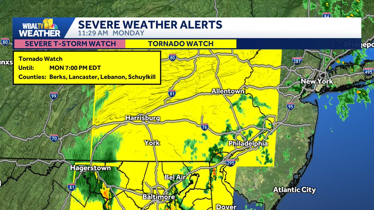 alenaleewx's tweet photo. Tornado Watch is in effect until 3/16 7:00PM. This means conditions are favorable for severe weather to develop including a tornado for those inside the area highlighted in yellow. Make sure to have multiple ways of receiving weather alerts. #wbaltv #mdwx https://t.co/snAxiTrp6T