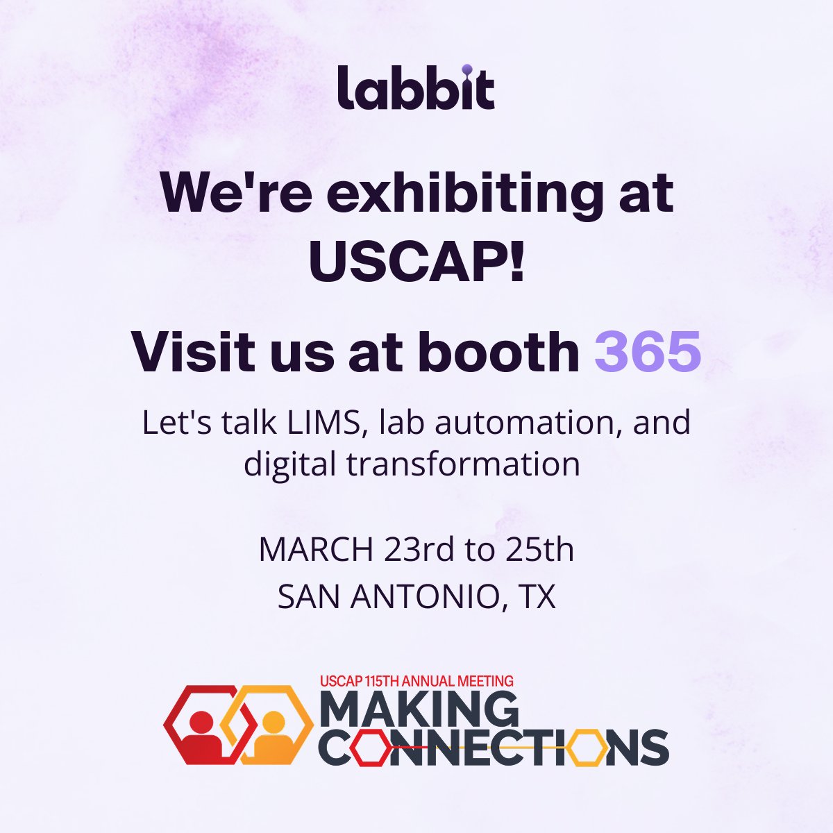 LabbitILS's tweet photo. We’re excited to be attending the USCAP 115th Annual Meeting in San Antonio, March 23–25! 

If you’ll be attending, stop by booth 365 to learn more about Labbit, a modern LIMS designed to help clinical labs adapt, evolve, and scale more easily. https://t.co/95dO0SUAU7