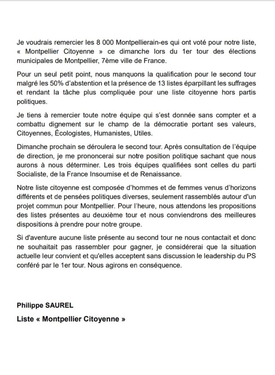 Communiqué de presse;
Suite au premier tour des élections municipales et remerciements ...
#Montpellier 
#MontpellierCitoyenne