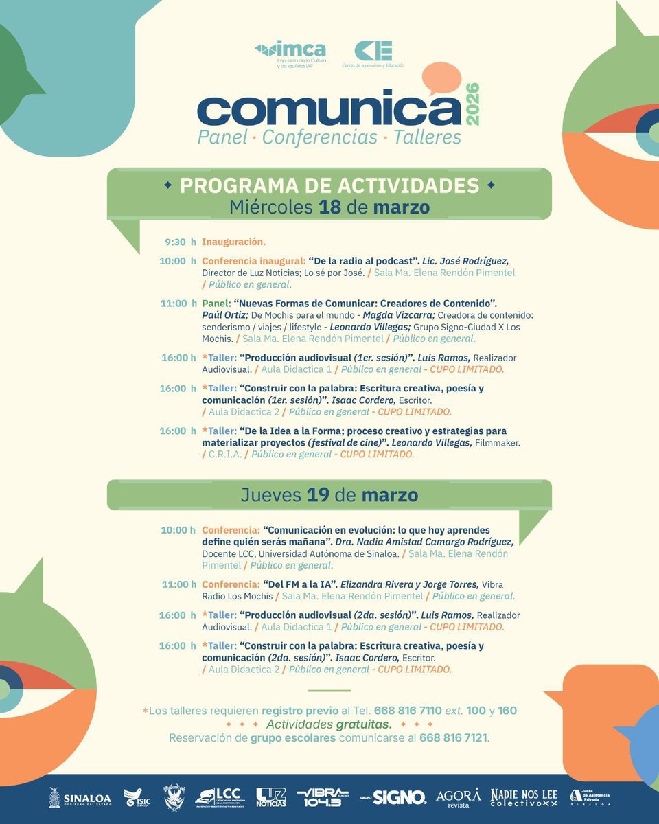 uacclm1's tweet photo. Docentes de la Licenciatura en Ciencias de la Comunicación de la Facultad de Trabajo Social y Humanidades participarán en el Congreso Comunica 2026. 🎓

📅 Jueves 19 de marzo
10:00 a.m. – Mtra. Nadia Amistad Camargo Rodríguez
11:00 a.m. – Mtro. Jorge Noé Torres Figueroa #uas https://t.co/0tLOREKkt8