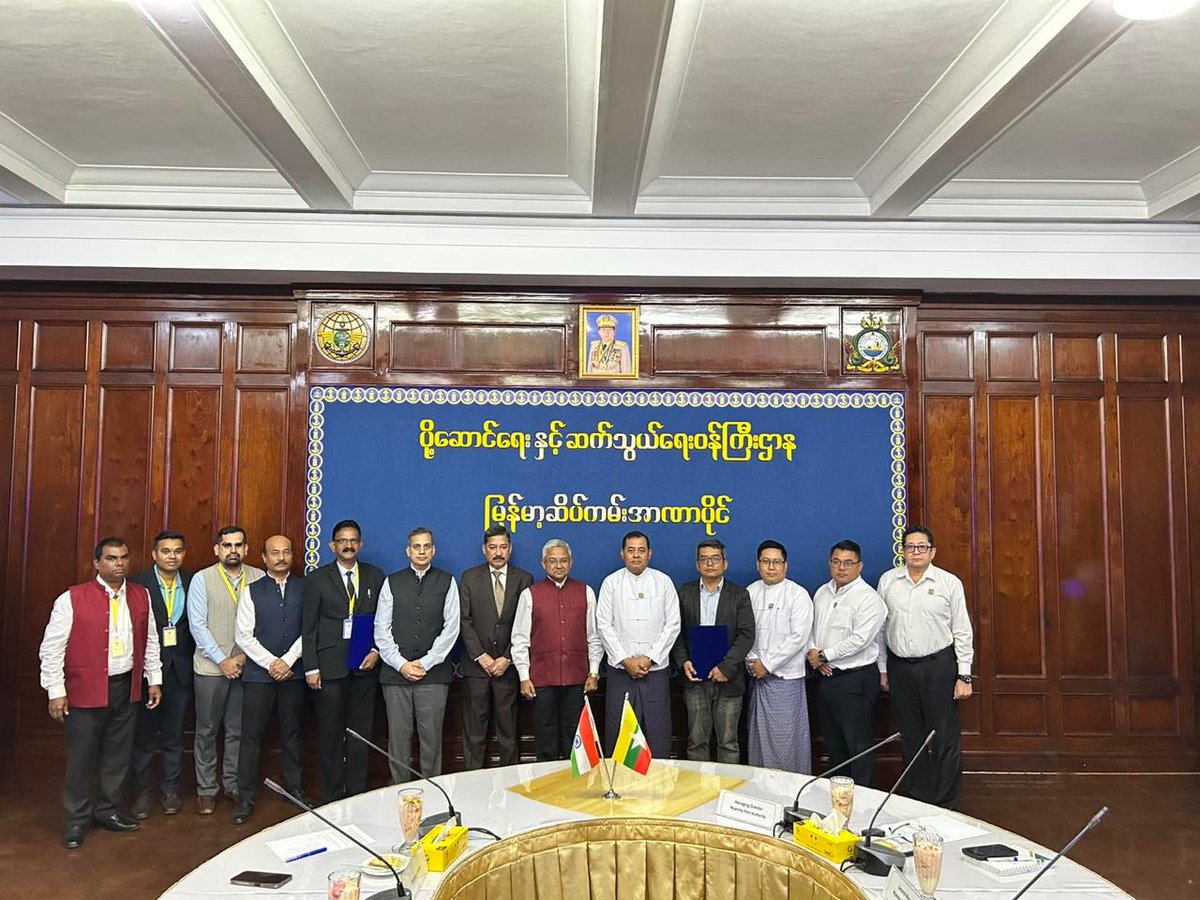 IPGLinMyanmar's tweet photo. Visiting team from India Ports Global Limited met Myanma Port Authority in Yangon to review operations &amp; maintenance of Sittwe Port (~300 vessels handled).

Abhay Thakur met the IPGL team yesterday and reaffirmed India’s continued support.

#IPGL #SittwePort #IndiaMyanmar https://t.co/N9RAdq3DQk