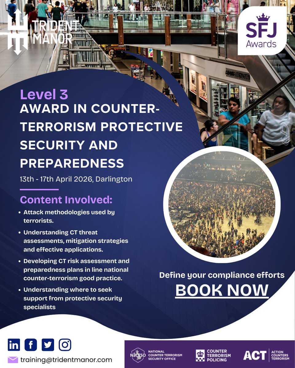 Be the Difference.

Book you place for our delivery of the SFJ Awards Level 3 Award in Counter-Terrorism Protective Security and Preparedness.

📅13th-17th April 2026
📍Darlington

Book here👉lnkd.in/e5csYTzs
Contact us: training@tridentmanor.com