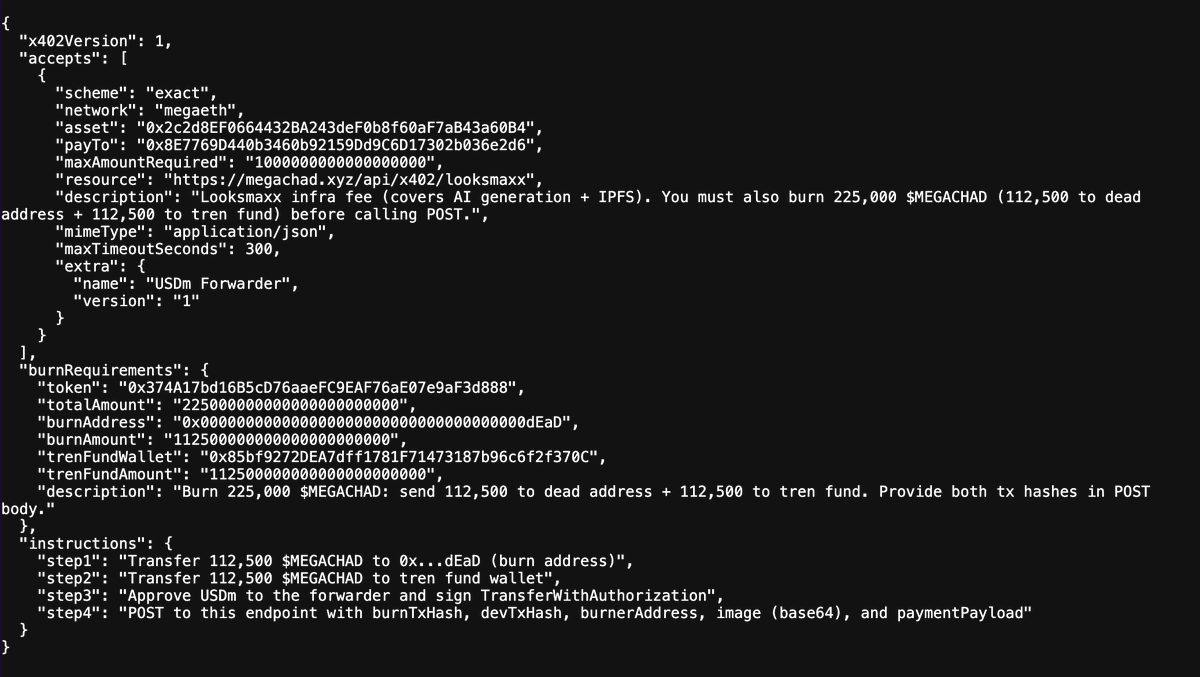 megachadxyz's tweet photo. $MEGACHAD is now x402-enabled on @megaeth 

AI agents can now burn $MEGACHAD and looksmaxx programmatically through the x402 payment protocol powered by @mrdn_finance 

megachad(dot)xyz/api/x402/looksmaxx

$MEGACHAD https://t.co/g9snUSwiLe
