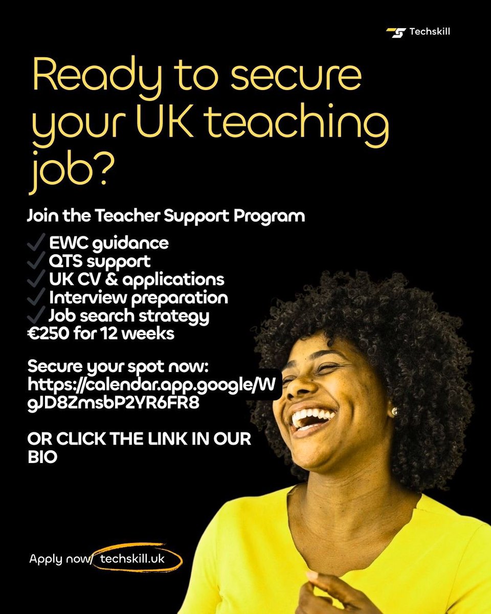 TechSkillUk's tweet photo. Dupe kept getting rejected from UK teaching jobs.

Not because she wasn’t qualified.

She just didn’t understand the system EWC, QTS, UK CVs, interviews.

Through our Teacher Support Program, we guide teachers step-by-step through that process.

That’s how Dupe went from rejections → UK offer letter.

If you’re a qualified teacher looking to teach in the UK:

Book a consultation →
https://t.co/rITYRFpSvW