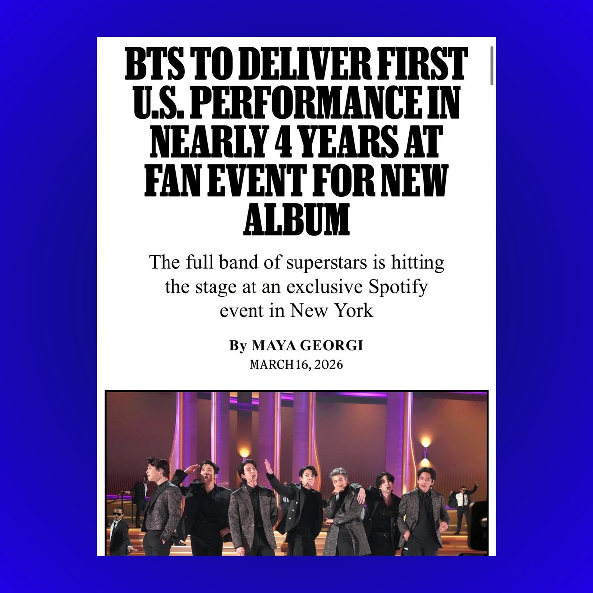 TheePopCore's tweet photo. BTS is set to perform in NYC for the exclusive Spotify x BTS: SWIMSIDE event on March 23, where 1,000 Top fans will get an immersive album-themed experience. https://t.co/qfMGYMKotT